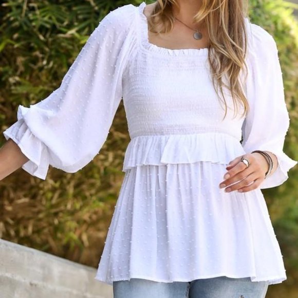 SMOCK SWISS DOT BLOUSE TOP - WHITE - Picture 3 of 5